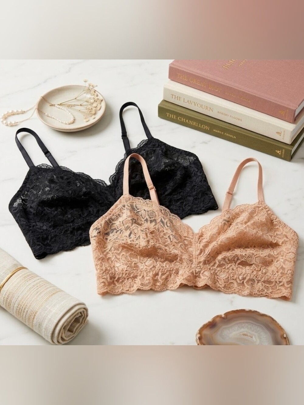 Quince Women Stretch Lace Sweetheart Bralette Set Large Black Beige